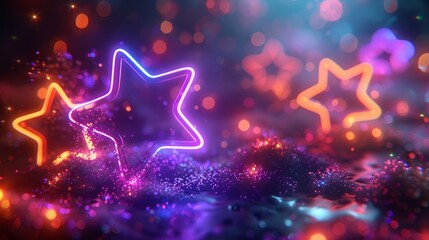 Wall Mural - A 3D render of glowing neon stars