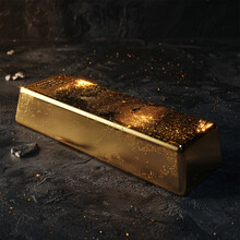 A Shimmering Gold Bar On A Dark Stone Background With Scattered Gold Particles.