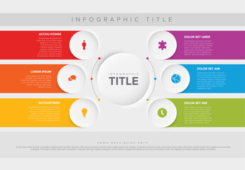 Poster - multipurpose infographic template with six elements around big button and color stripes