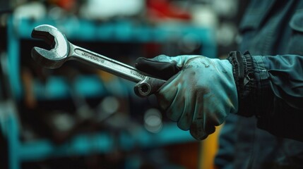 Canvas Print - Auto mechanic working in garage with wrench