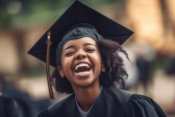 Wall Mural - Happy and excited young black student in a black graduation gown and cap celebrating her graduation