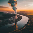 photo of a nuclear power plant in Germany, aerial view at sunset, a river flowing nearby, white plumes of smoke rising from the chimney, high-definition, 32K HD