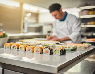 An array of sushi and rolls masterfully arranged on a polished counter, with chef’s tools neatly aligned, showcasing the art and precision of sushi making, set in a professional kitchen