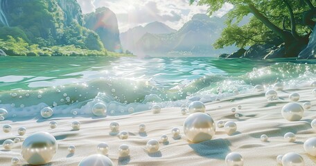 Wall Mural - many Pearl, placed on white sand beach, in the water, waves, sunshine, a Chinese landscape painting made with white jade mountain, beautiful romance, HD rendering, virtual engine