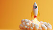 A creative 3D illustration of a rocket launching, symbolizing startup growth and innovation.