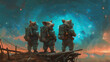 Three pigs in astronaut gear observe a nebula from their wooden outpost, planning their next adventure