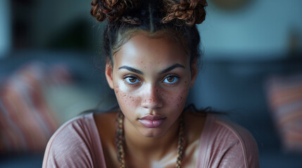 Portrait of a young woman with freckles and braided hair looking thoughtfully at the camera in a dimly lit room.