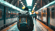 A man with a backpack moves between trains at a busy train station