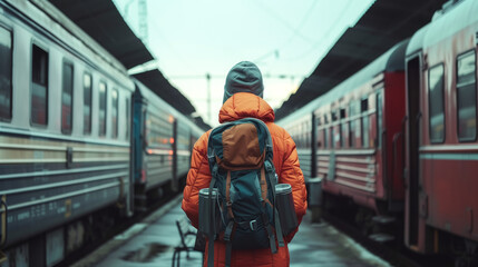 Rear view of a traveler with a backpack strolling between railway cars