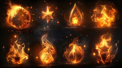 Poster - Light, star and flame icons with twinkle twinkle light effects.