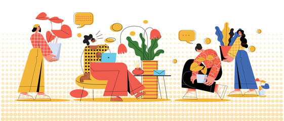 Men and women cartoon work using laptop, reading books vector illustration. Design related to business, workplace, modern online work from home concept.