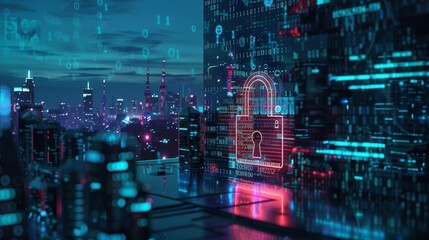 Poster - An overview of cyber security data protection on a city background.