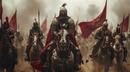 Wall Mural - Medieval Battle: Illustrate a fierce battle scene with armored knights charging on horseback, wielding weapons, and clashing in combat to depict medieval warfare