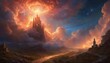 An ethereal castle perched atop a mountain, engulfed by a dramatic celestial storm, invokes a mystical narrative of fantasy and otherworldly realms.