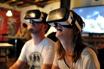 Wall Mural - A man and a woman are wearing virtual reality headsets.