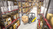Warehouse interior with forklift in operation