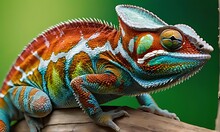 Chameleon Sitting On Tree , Abstract Background  ,Close-up , Portrait , Horizontal ,high Resolution, Nature, Ecology, 3d Rendering