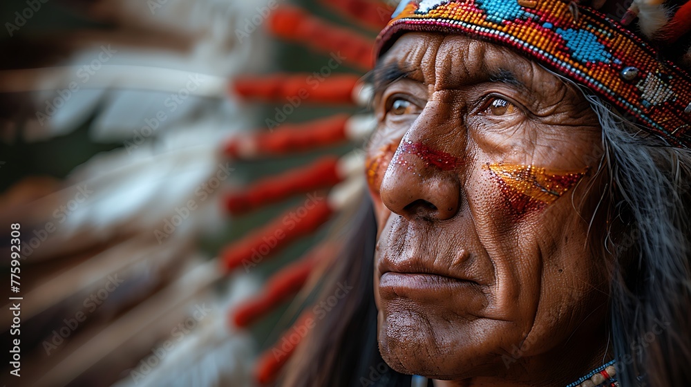 An expressive portrait of a person in Native American regalia with a ...