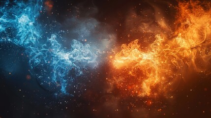 Poster - Modern illustration of a VS screen for sport games, matches, tournaments, martial arts, fight battles. Smokey white flame with blue and orange sparks. Abstract magic fire with glowing dust. EPS 10