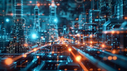 Fototapete - Automated manufacturing technologies. Data exchange and automation in the manufacturing sector.