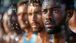 A group of focused athletes with beads of sweat on their skin, conveying determination and endurance in a competitive setting