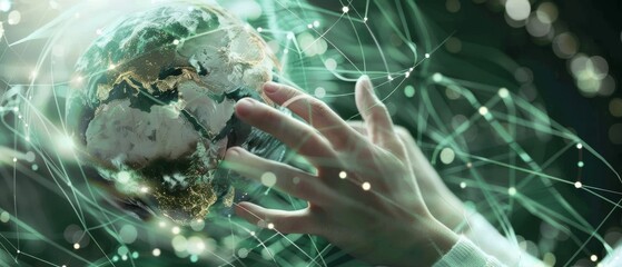 Poster - The businessman touches the global network and data exchange over the world in 3-D