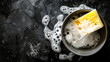 Soap foam with bubbles in a porcelain bowl and a yellow sponge, washing dishes, isolated on black in a top view
