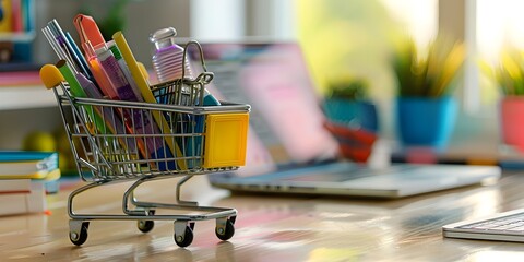 Poster - colorful office supplies in tiny shopping cart on desk next to laptop