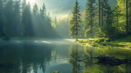 Poster - Green fir forest, lake on background, light ray. Generative AI.