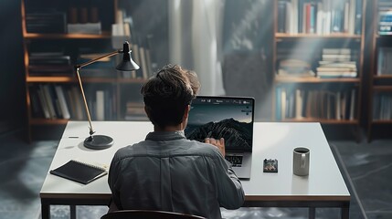 Aufkleber - Rear view. A man working on a laptop, clean and tidy desk. Generative AI.