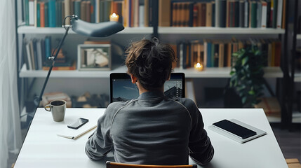 Aufkleber - Rear view. A man working on a laptop, clean and tidy desk. Generative AI.