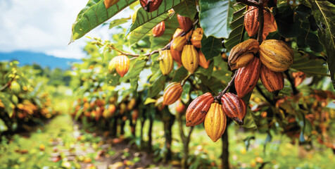 Cocoa fruit ( Theobroma cacao ) on tree Cacao, Chocolate Nut Tree, cocoa beans are processed into chocolate, Orange yellow cacao group pod, fruit ripe from tree, Harvest the agricultural