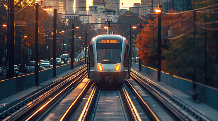 Poster - The light rail passing city. Generative AI.