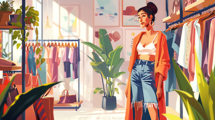 Wall Mural - Trendy lady in a chic store, carefully choosing clothing items, trying on outfits with a smile