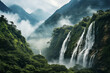 A majestic waterfall cascading down a lush green mountainside, surrounded by vibrant foliage and misty air