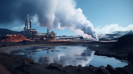 Geothermal power plant. Green energy - geothermal power station. Alternative green energy. geothermal geyser in full eruption, sending boiling water and steam skyward of Earth's geothermal energy