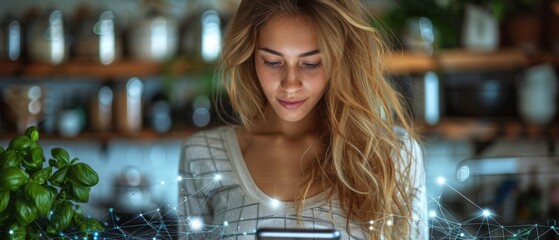Poster - Graphics Showing Digitalization Visualization of Connected Home Electronics Devices: Young Woman Using Smartphone in Kitchen. She controls her Kitchen Appliances with IOT.