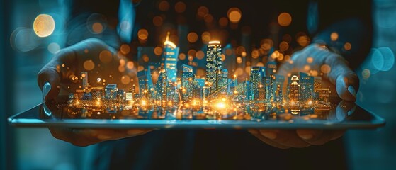 Fototapete - An empty digital tablet is held by a waiter with a Smart city, IoT, networks, and augmented reality concept in the night scene.