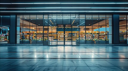 Poster - A large supermarket through a ground-level glass facade with a neatly ordered. Generative AI.