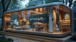 A little glass pop-up store with wood floor, futuristic, chill, camping style. Generative AI.