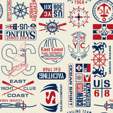 Fototapeta Koty - East coast nautical sailing badges and typography elements vintage vector seamless pattern for fabric print tablecloth pillow wallpaper wrapping