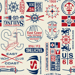 east coast nautical sailing badges and typography elements vintage vector seamless pattern for fabri
