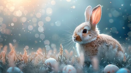 Leinwandbilder - Embroidered Easter banner with a bunny giving birth with eggs. Modern illustration for an Easter background in a technology style.