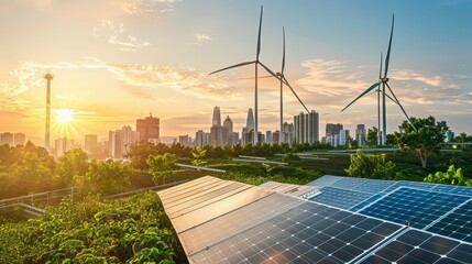 Aufkleber - In the background, a city with skycrapers, framed solar panels, and a battery energy storage facility.