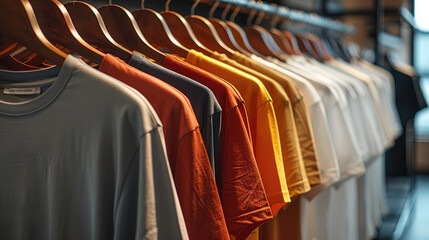 Poster - T-shirts of varying color hung on a rack. Generative AI.