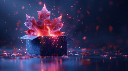 Aufkleber - Open box and maple leaf. Autumn sale template. Geometric background. Wireframe light connection structure. Modern 3D graphic concept. Isolated modern illustration.