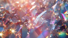 Abstract Background, Polygonal Crystal, With Bokeh Defocused Lights And Sparkles. Plastic Shards Of Glass In Rainbow Colors