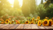 A clear glass bottle of golden sunflower oil and scattered seeds, with vibrant sunflowers in the background, captures the essence of summer on a wooden tabletop.