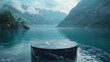 Black round marble display podium, standing in a gorgeous scenic landscape in front of a lake, with mountains in the background.