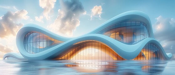 Fototapete - Skyscraper of office building with curve glass window depicted from low angle, 3D rendering.